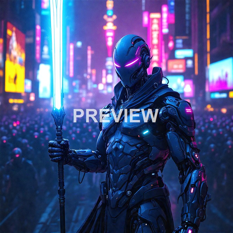A futuristic robot warrior holding a glowing blue sword stands in a vibrant, neon-lit cityscape filled with colorful digital billboards and a dark, rainy atmosphere.
